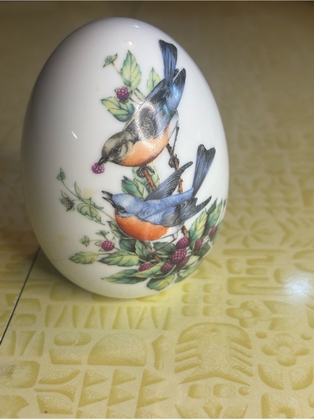 Vintage Decorative Ceramic Bird Egg with Blue and Orange Songbirds